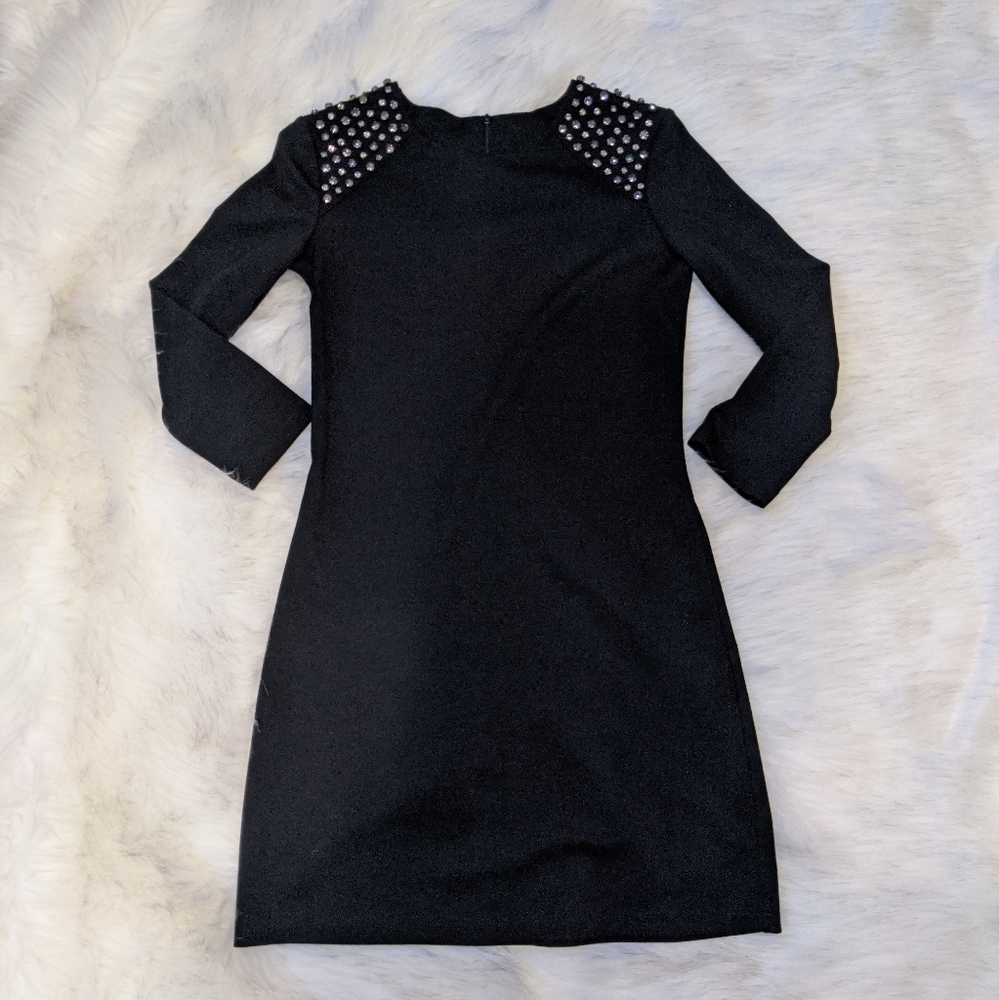 Knit shift dress with embellished shoulders